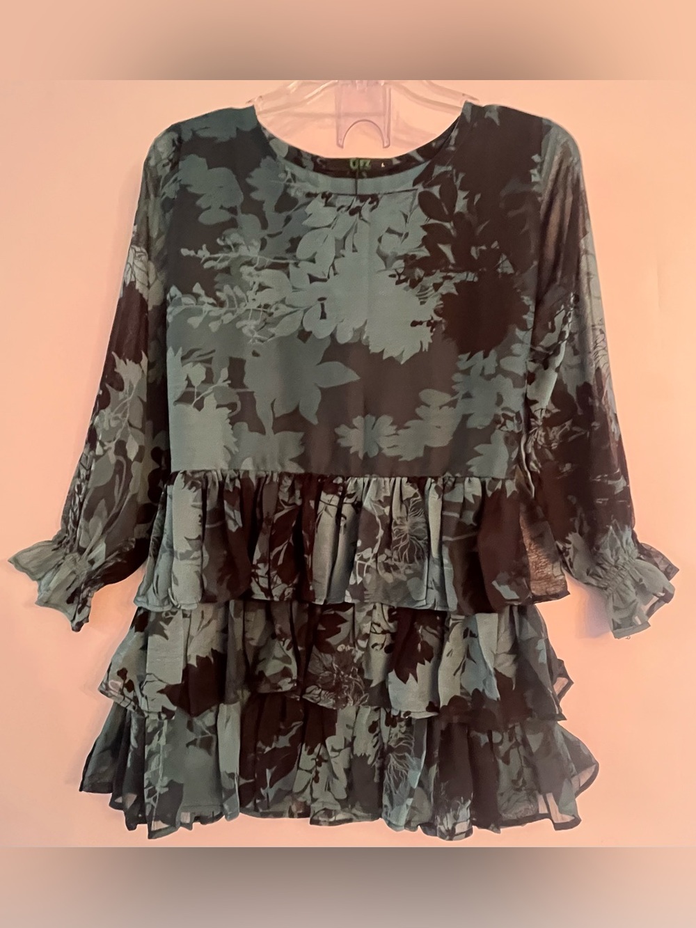 FZ Designer Teal Dark Floral Tiered Ruffle Tunic Top L